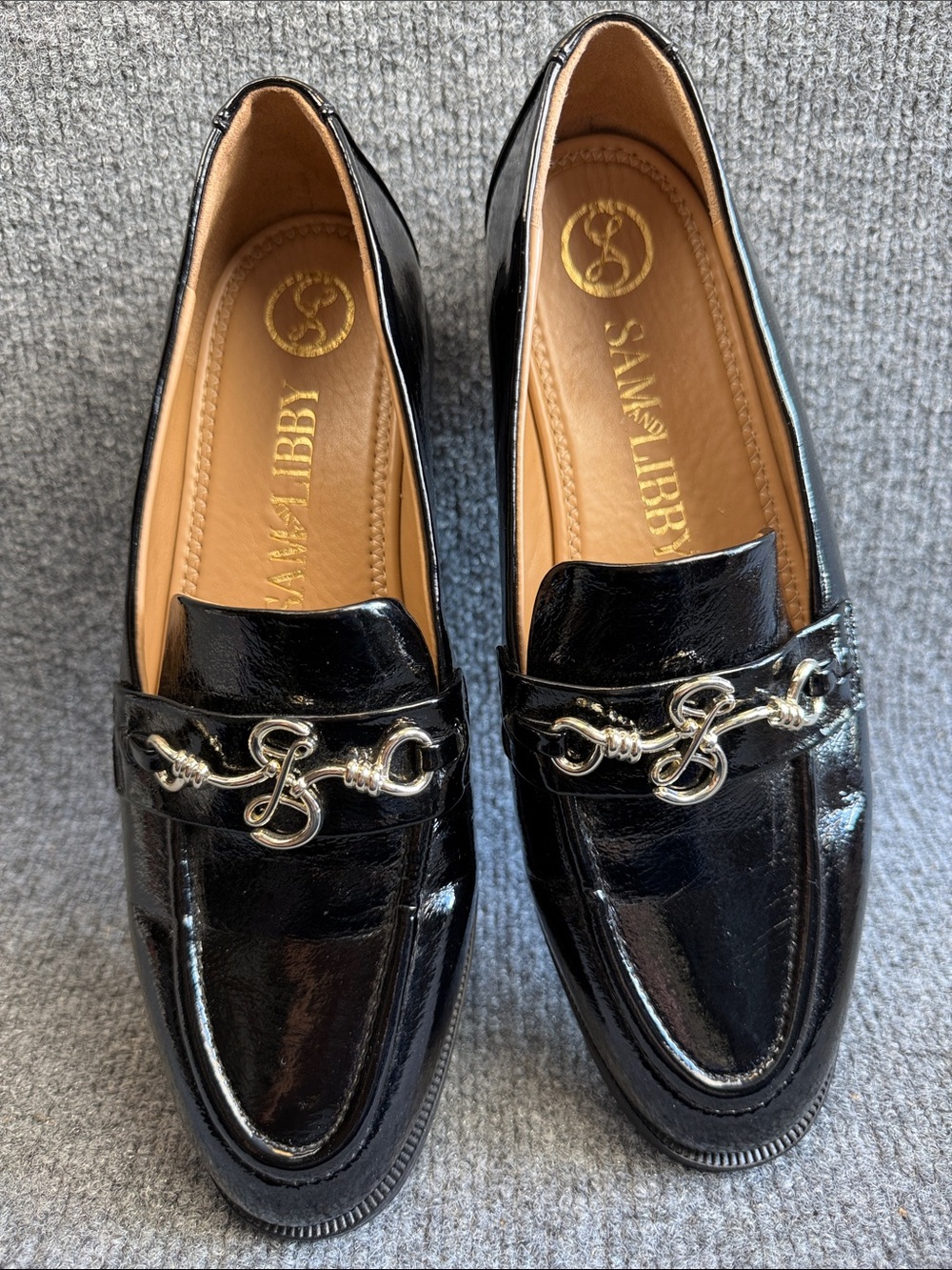 Sam & Libby Brielle Black Patent Loafers with Silver Hardware Size 8M Nice!